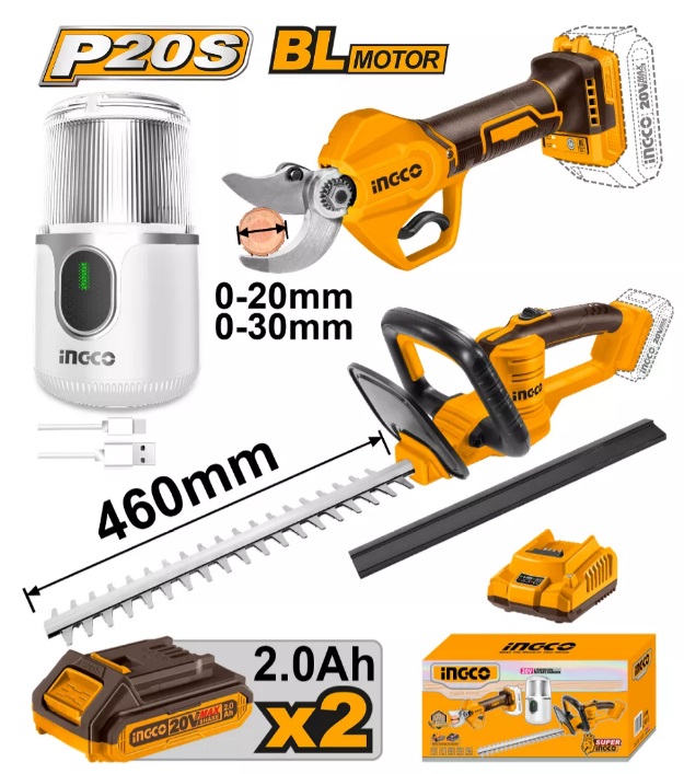 Combo De Tijera De Poda Ingco A Bateria 20-30mm 20V P20S Brushless + Corta Cerco A Bateria 20V P20S + Molinillo De Cafe