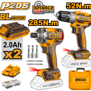Set Atornillador de Impacto a Bateria 20V 285NM + Atornillador 20V 52NM C 2 Bat Cargador + Valija INGCO P20S CKLI20272